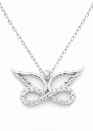 Kanatlı Sonsuzluk Taşlı Gümüş Kolye Rodyum