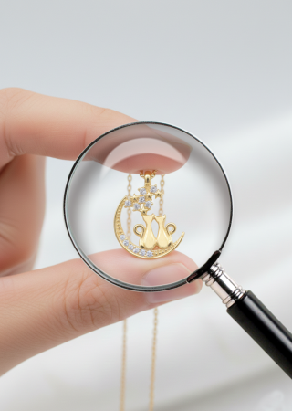 Ay Kedi Taşlı Gümüş Kolye Gold