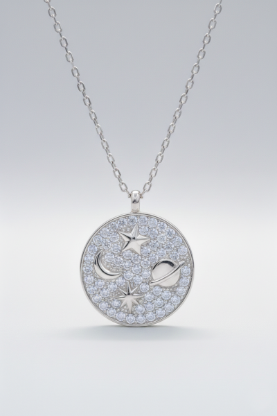 Uzay Gezegen Yıldız Taşlı Gümüş Kolye Rodyum