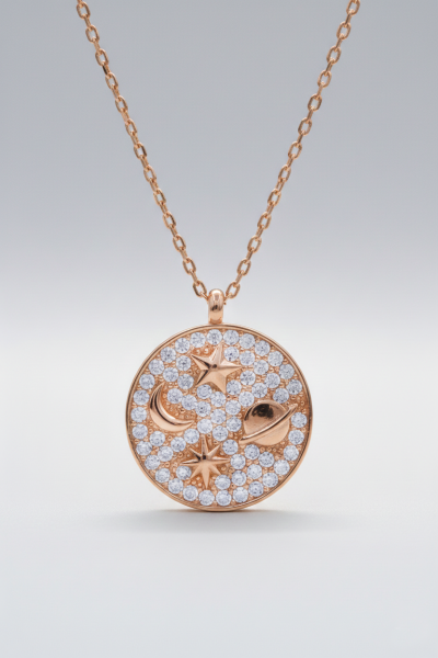 Uzay Gezegen Yıldız Taşlı Gümüş Kolye Rose