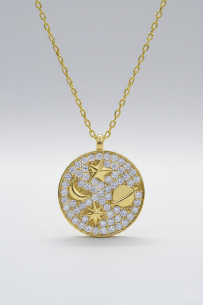 Uzay Gezegen Yıldız Taşlı Gümüş Kolye Gold