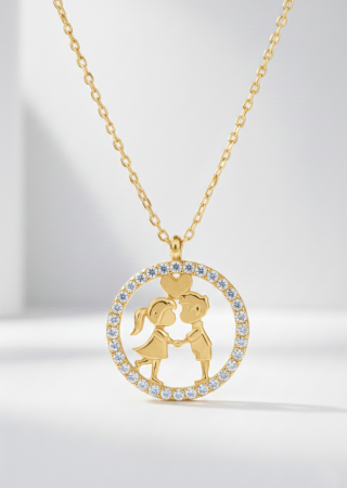 Kalp Aşk Kız Erkek Çocuk Taşlı Gümüş Kolye Gold