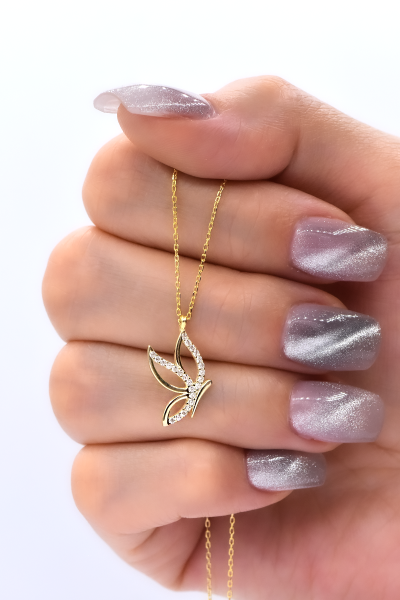 Kelebek Taşlı Gümüş Kolye Gold