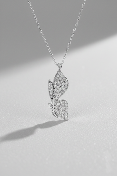 Kelebek Taşlı Gümüş Kolye Rodyum