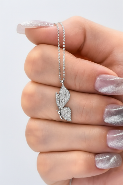 Kelebek Taşlı Gümüş Kolye Rodyum