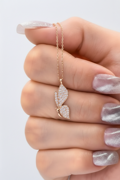 Kelebek Taşlı Gümüş Kolye Rose