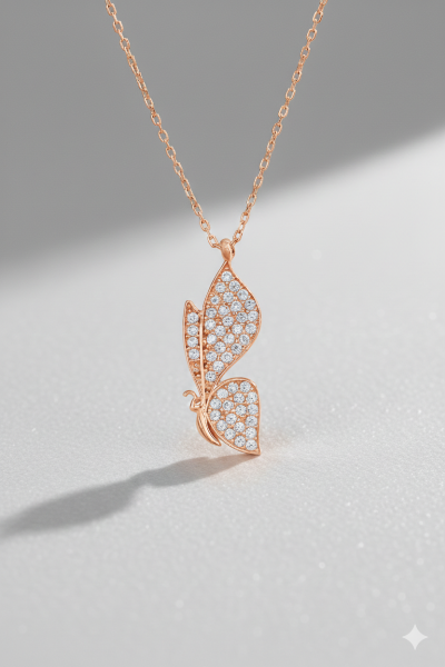 Kelebek Taşlı Gümüş Kolye Rose
