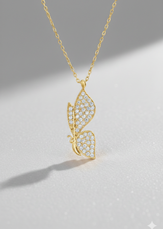 Kelebek Taşlı Gümüş Kolye Gold